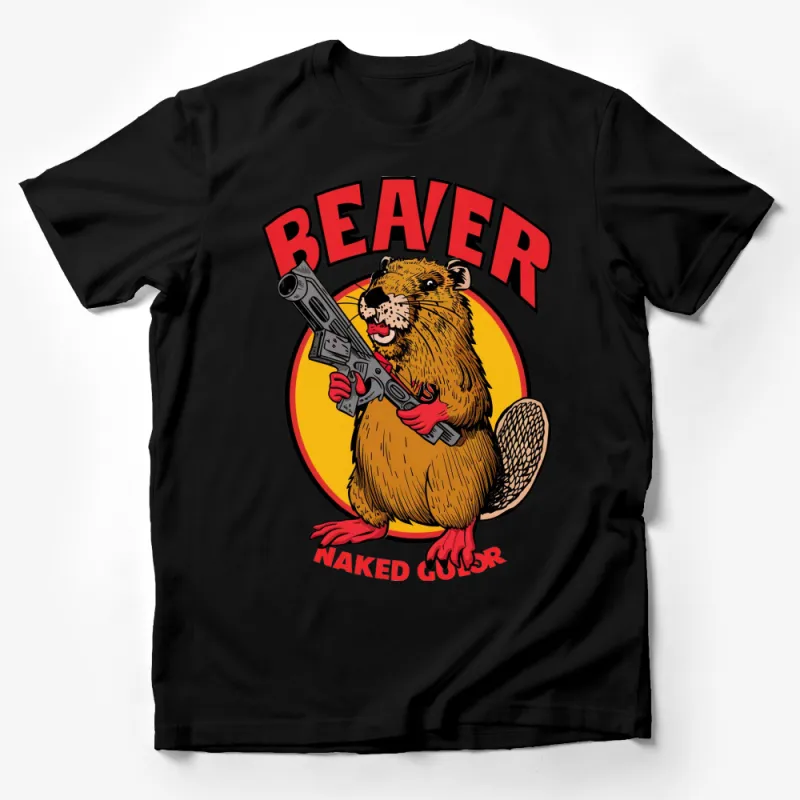 Beaver Cartoon with Gun Graphic T-Shirt, Bold Animal Design, Unisex Apparel Male T-Shirt