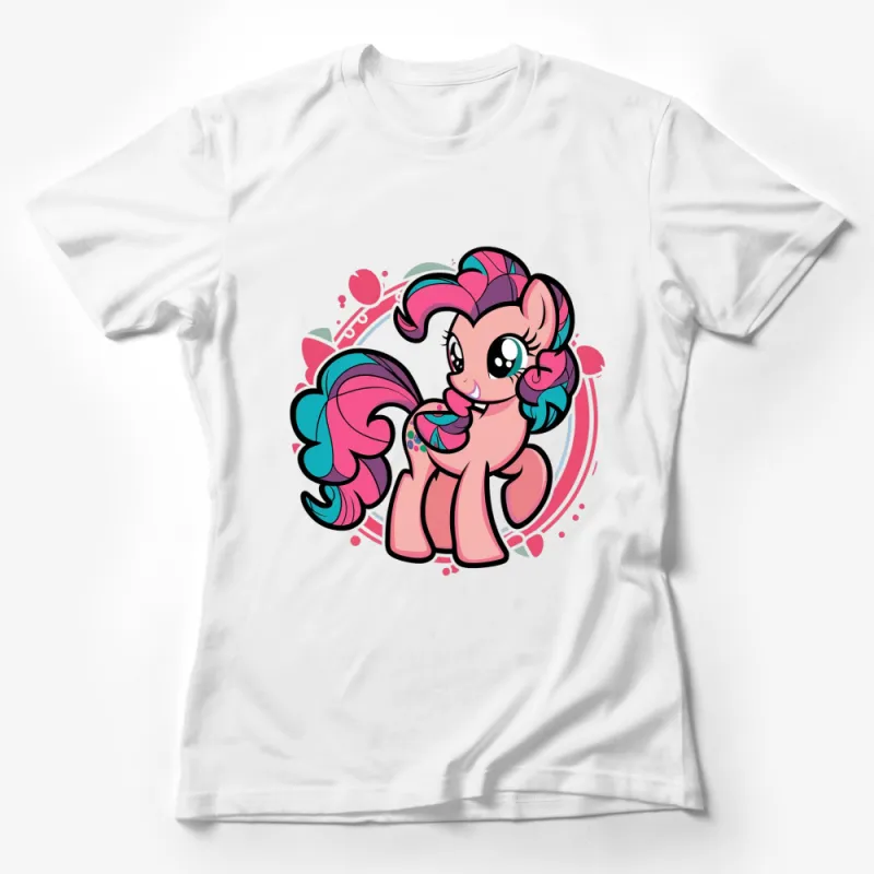 Pink Cartoon Pony T-Shirt, Cute Magical Horse Graphic Tee, Colorful Kids and Adult Sizes Female T-Shirt