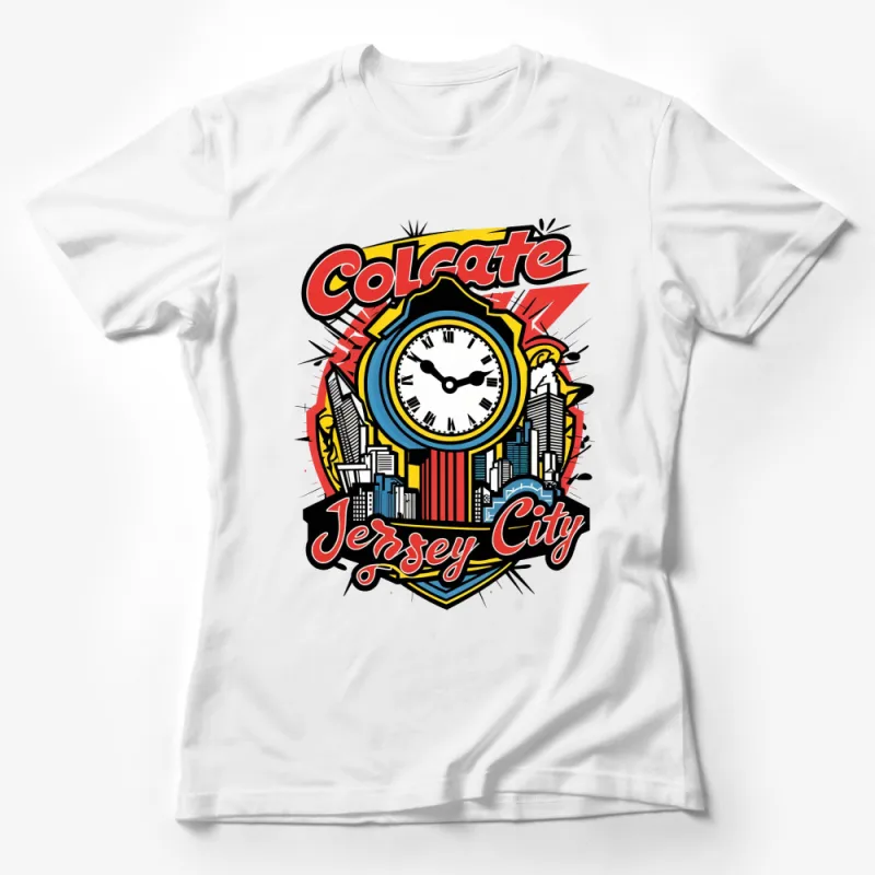 Vibrant Colgate Clock Jersey City Graphic T-Shirt, Colorful Urban Design Tee, Unisex Fashion Female T-Shirt