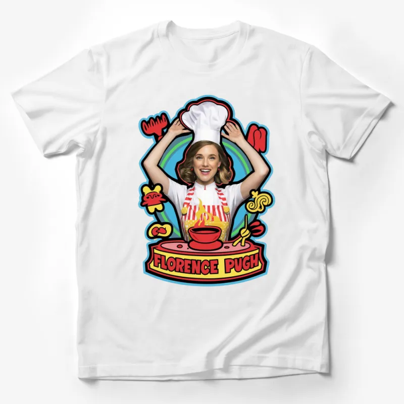 Florence Pugh Chef Graphic T-Shirt, Vibrant Cartoon Style, Cool Celebrity Chef Design, Unisex T-Shirt Male T-Shirt