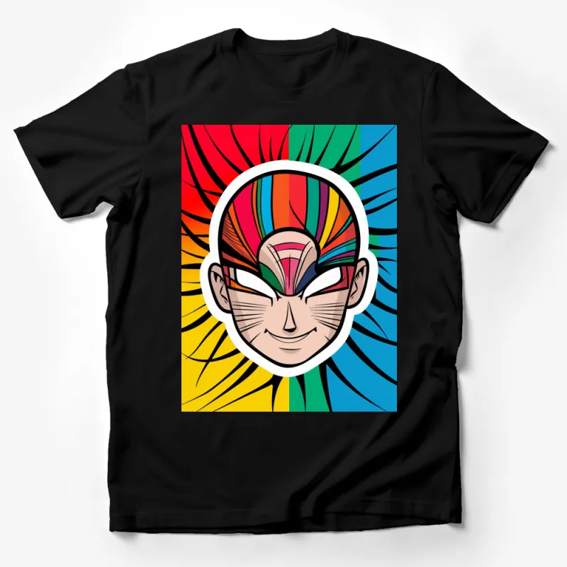 Colorful Pop Art Style Superhero Face Graphic T-shirt, Vibrant Comic Print, Unisex Male T-Shirt