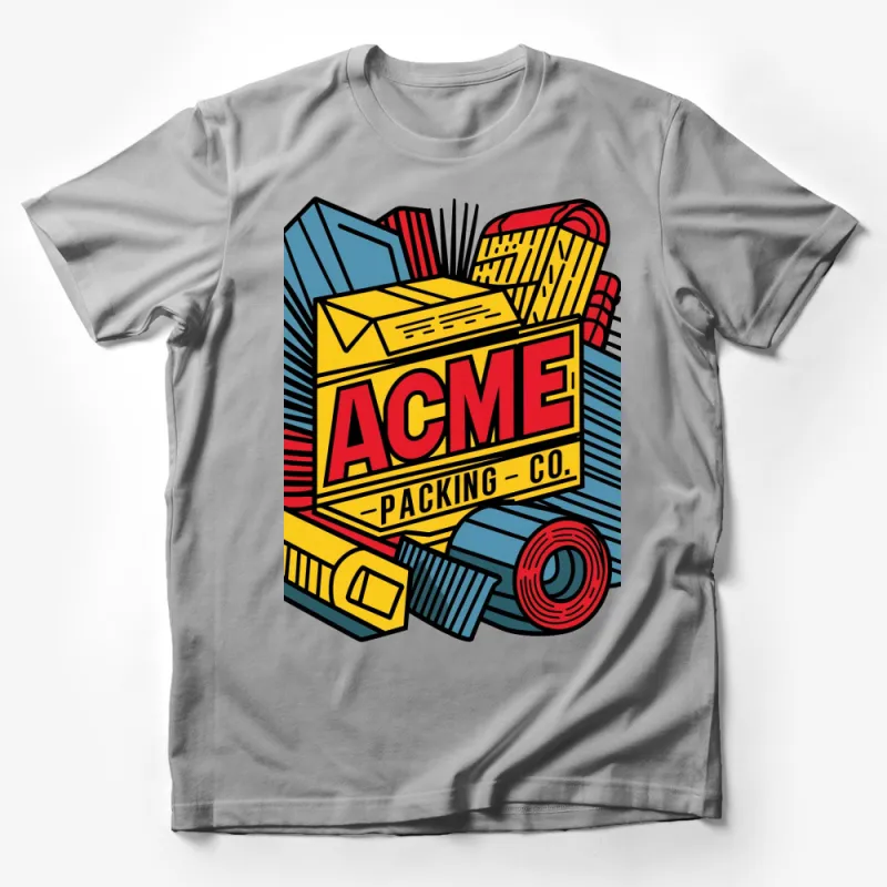 Vintage ACME Packing Co. Graphic T-Shirt, Retro Cartoon Design Tee, Bold Colors Male T-Shirt