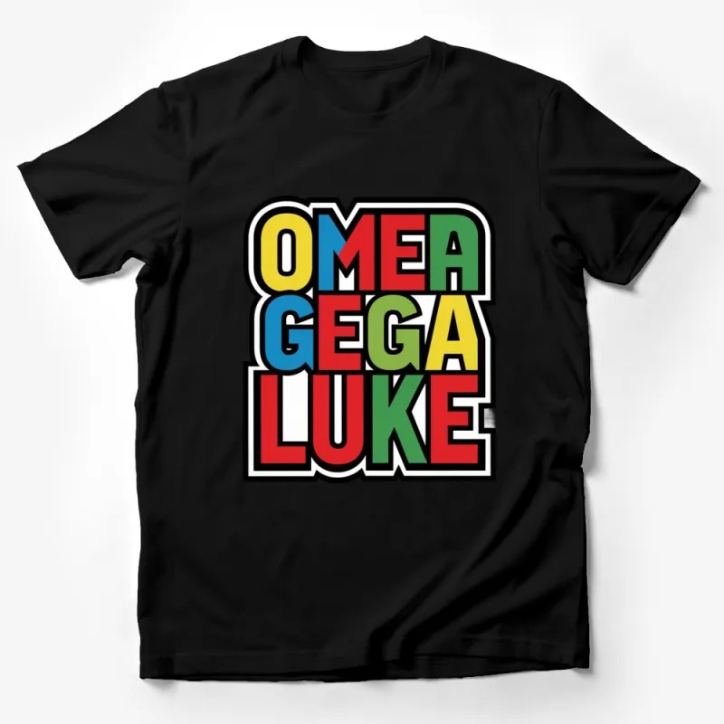 Colorful Omega Luke Bold Text Graphic T-Shirt, Retro Style Font, Unisex Tee Male T-Shirt