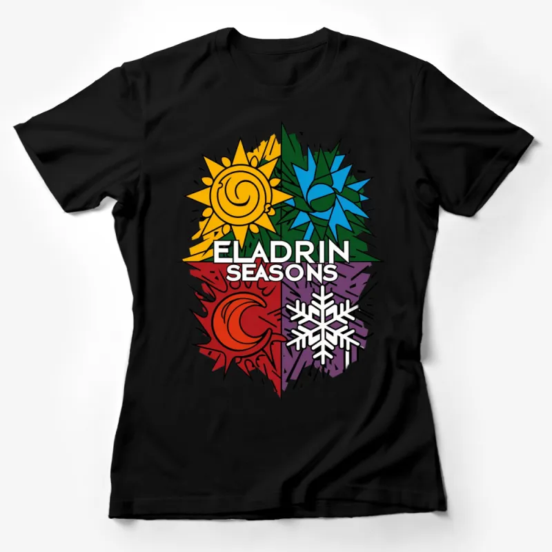 Colorful Four Seasons Graphic T-Shirt, Vibrant Sun, Leaves, Moon, and Snowflakes Tee Female T-Shirt