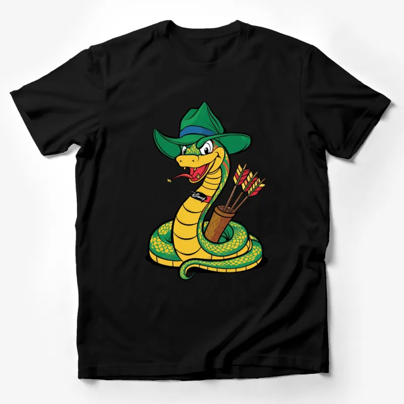 Funky Cartoon Snake Archer T-Shirt, Quirky Animal Character, Youthful Graphic Tee Design Male T-Shirt