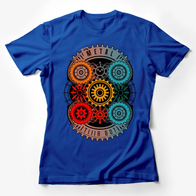 Steampunk Gear Design T-Shirt, Colorful Metal Cog Wheels, Industrial Style Unisex Tee Female T-Shirt