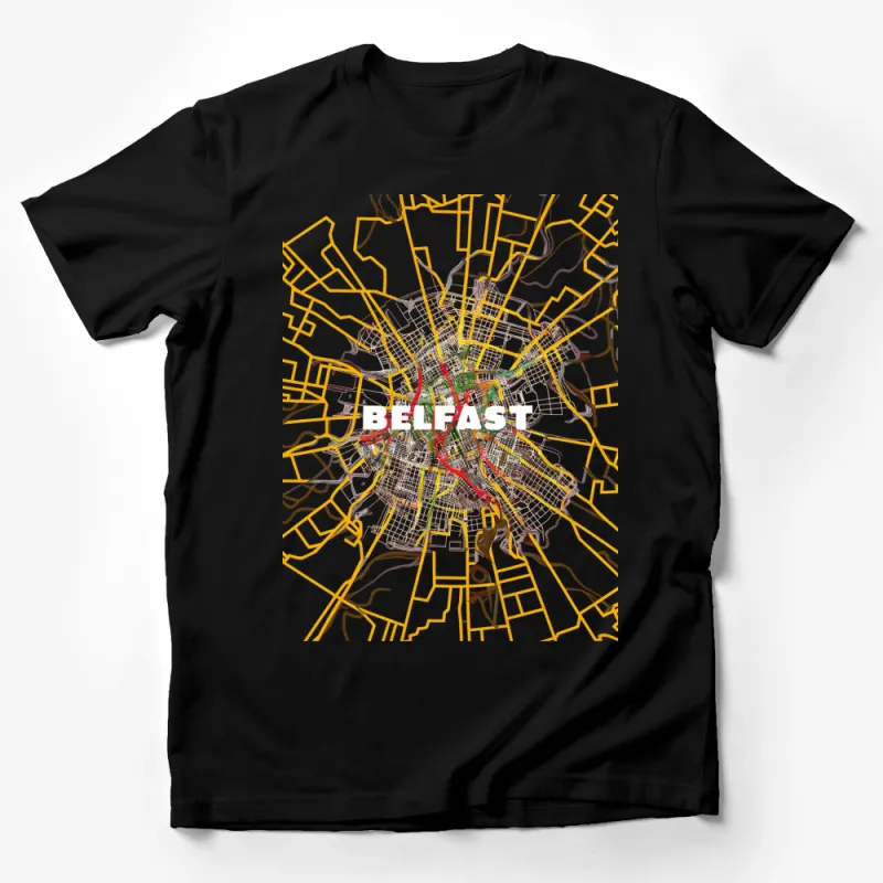 Stylish Belfast Map T-Shirt, Unique City Grid Design Tee, Artistic Urban Fashion, Vibrant Colors Top Male T-Shirt