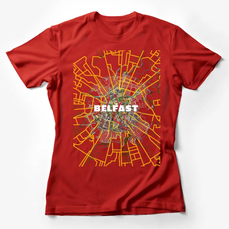 Stylish Belfast Map T-Shirt, Unique City Grid Design Tee, Artistic Urban Fashion, Vibrant Colors Top Female T-Shirt