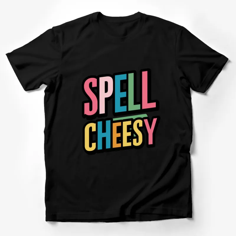 Bold Colorful Spell Cheesy T-Shirt, Fun Quirky Graphic Tee for Food Lovers Male T-Shirt