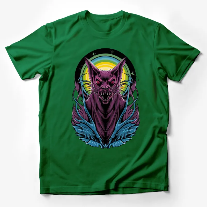 Gothic Bat Design T-Shirt with Vibrant Colors, Retro Rainbow, Sci-Fi Aesthetic - Unisex Tee Male T-Shirt