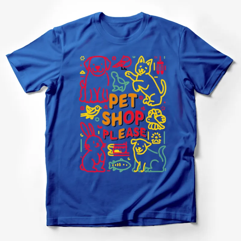 Colorful Pet Shop Please T-Shirt, Cute Animals Graphic Tee, Dog Cat Bird Rabbit Fish Design Male T-Shirt