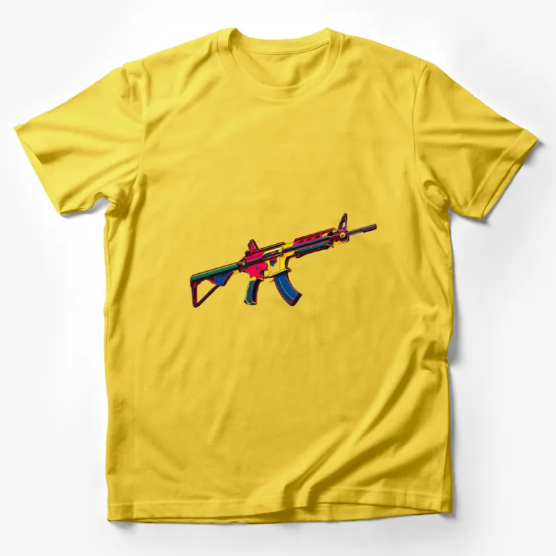 Colorful Abstract Rifle Design T-Shirt, Bold Graphic Tee, Unisex Fashion, Casual Streetwear Male T-Shirt