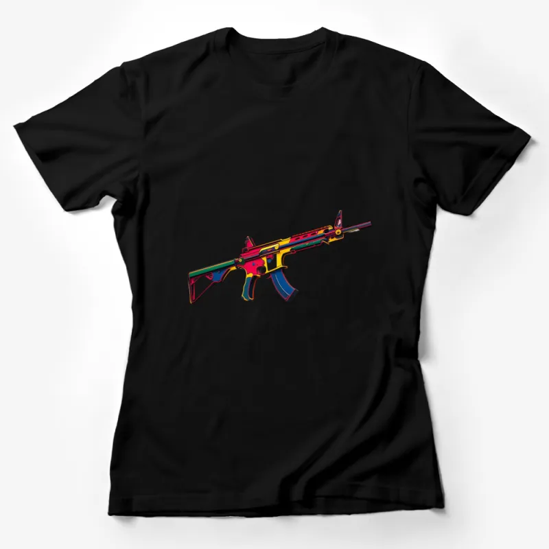 Colorful Abstract Rifle Design T-Shirt, Bold Graphic Tee, Unisex Fashion, Casual Streetwear Female T-Shirt