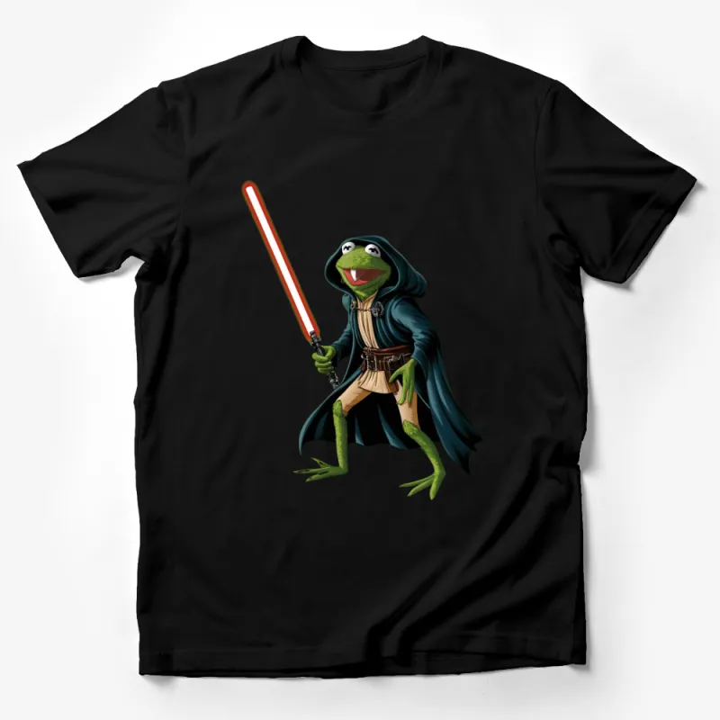 Jedi Frog T-Shirt with Lightsaber, Green Amphibian Hero in Cloak, Unisex Sci-Fi Apparel Male T-Shirt