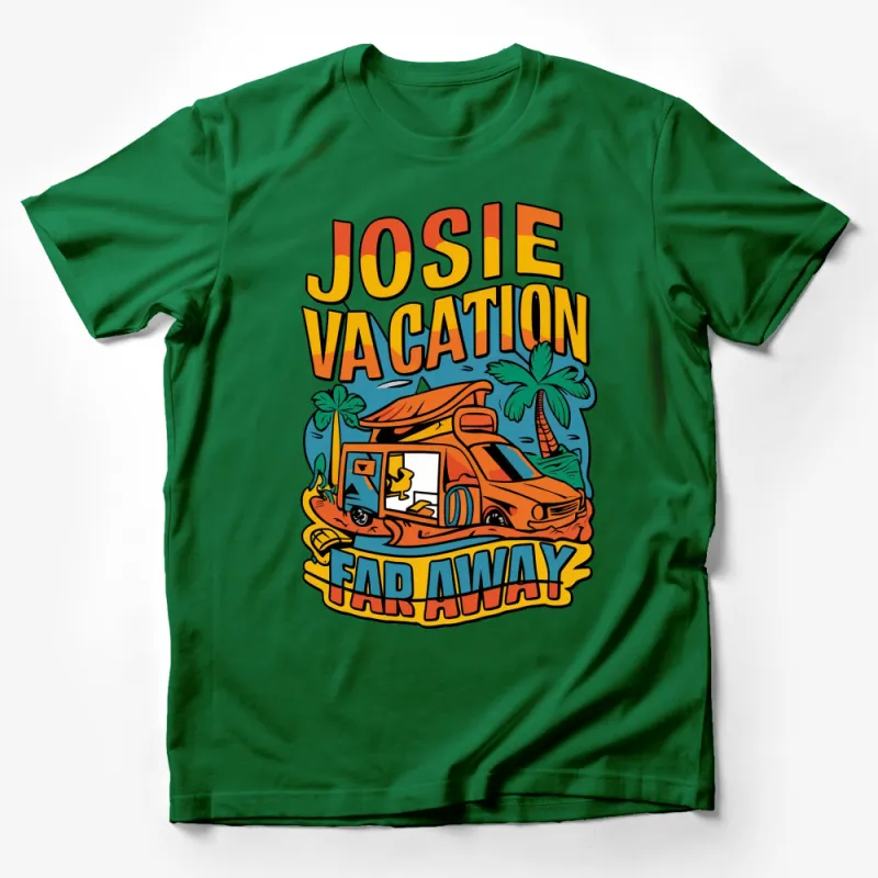 Josie Vacation Far Away Graphic Tee, Tropical Beach Camper Van T-Shirt, Summer Adventure Shirt Male T-Shirt