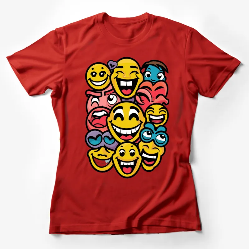 Colorful Emoji Faces T-Shirt, Fun Emoticon Graphic Tee, Unisex Casual Wear, Gift for Friends Female T-Shirt