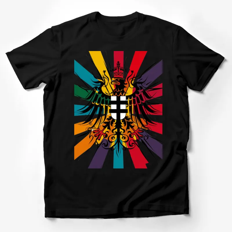 Colorful Abstract Eagle Crest Graphic T-Shirt, Bold Multi-Color Tribal Design Tee, Unisex Fashion Male T-Shirt