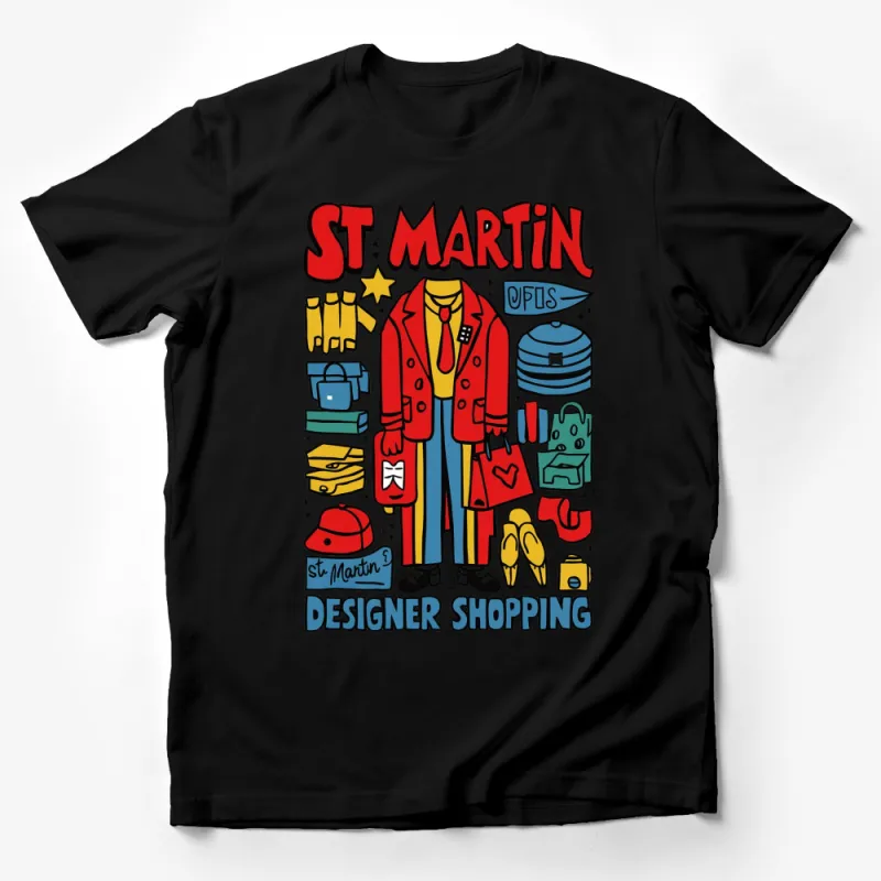 St. Martin Designer Shopping Graphic T-Shirt, Colorful Art Tee, Fashion Lover Gift, Unique Streetwear Shirt Male T-Shirt