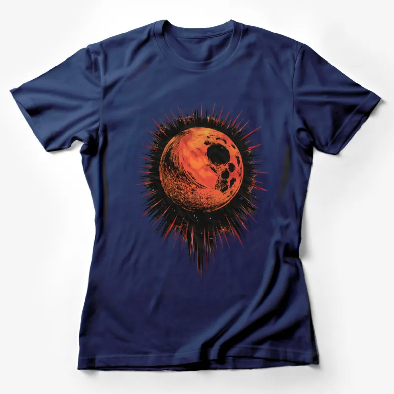 Fiery Red and Black Spiked Moon Graphic T-Shirt, Unique Cosmic Design, Artistic Fashion Tee Female T-Shirt