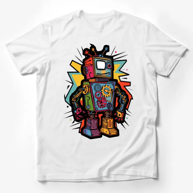 Vibrant Robot T-Shirt, Colorful Mechanical Design, Retro Tech Fashion, Unisex Tee Male T-Shirt