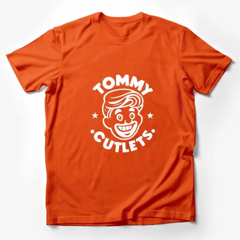 Tommy Cutlets Retro Style Logo T-Shirt, Vintage Cartoon Face Graphic Tee, Unisex Black Shirt Male T-Shirt