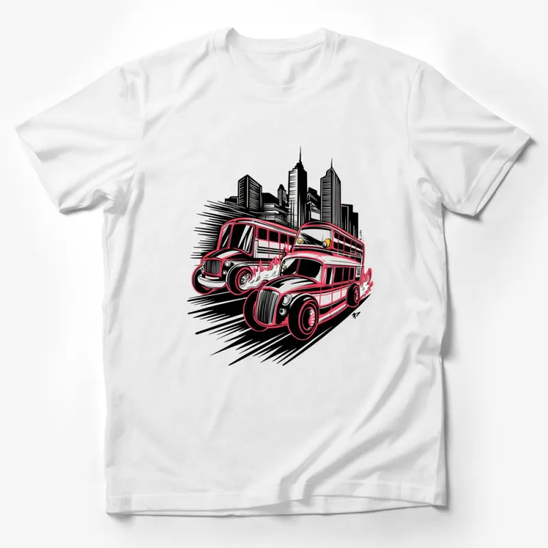 Retro City Race Red Bus vs Taxi Urban Style T-Shirt, Graphic Tee for All Ages Male T-Shirt