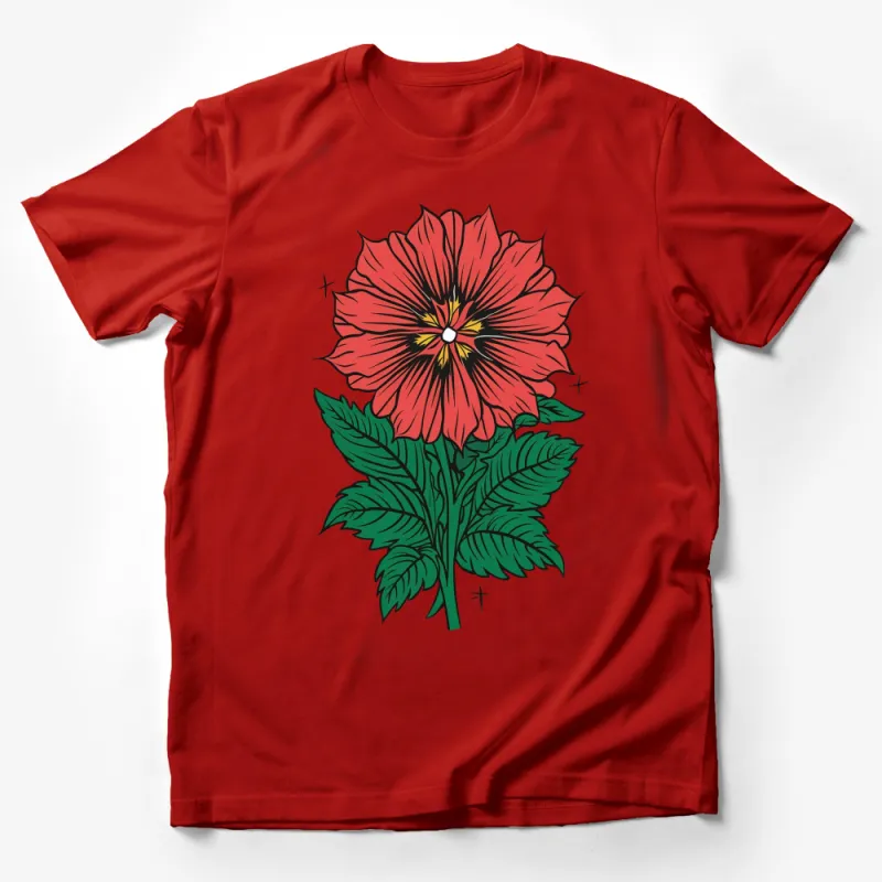 Vibrant Red Floral T-Shirt, Vintage Inspired Flower Design, Comfortable Cotton Top for All Seasons Male T-Shirt