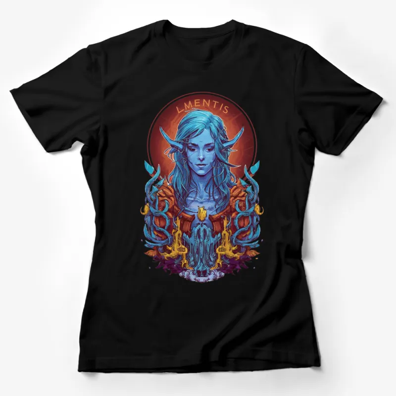 Fantasy Elf Warrior T-Shirt, Mystical Female Character Art, Blue and Orange Graphic Tee Female T-Shirt