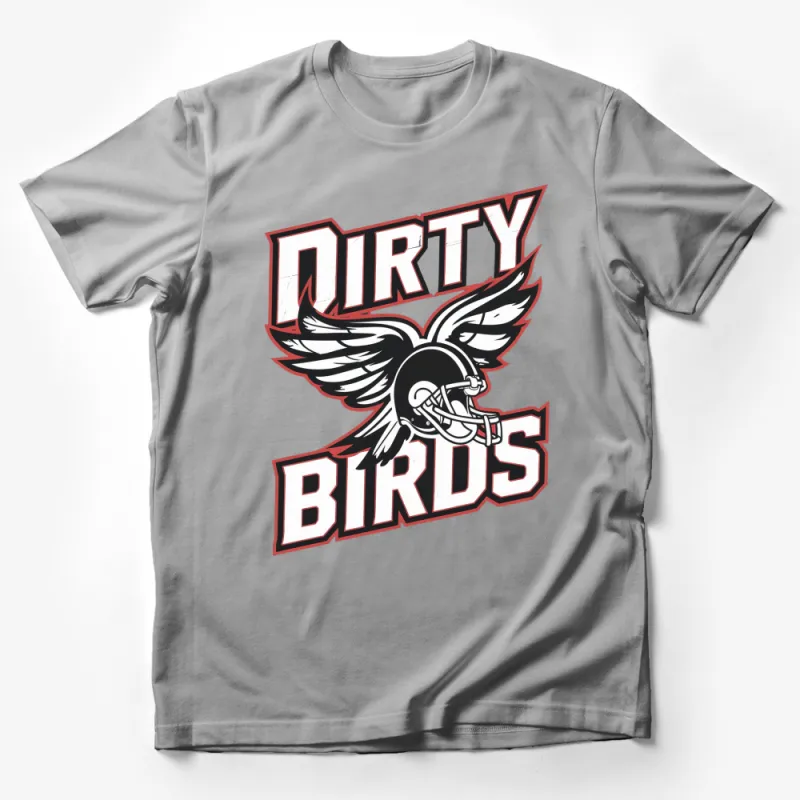 Dirty Birds Graphic T-Shirt, Bold Red and White Text, Winged Helmet Design, Sports Style Tee Male T-Shirt