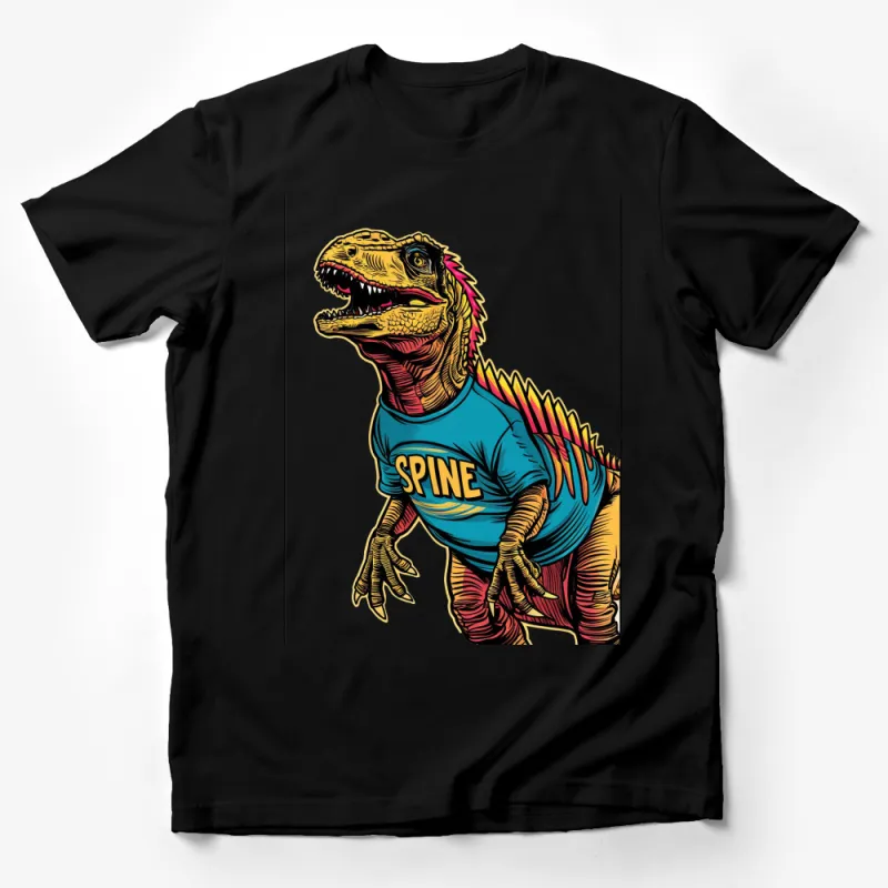 Colorful Dinosaur in Blue SPINE T-Shirt, Fun Dino Graphic Tee, Unique Illustrated Tyrannosaurus Shirt Male T-Shirt