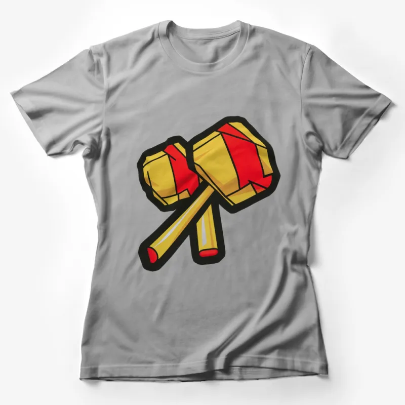 Retro Red and Yellow Hammer Cartoon T-Shirt, Unisex Casual Graphic Tee, Vintage Style Soft Cotton Shirt Female T-Shirt