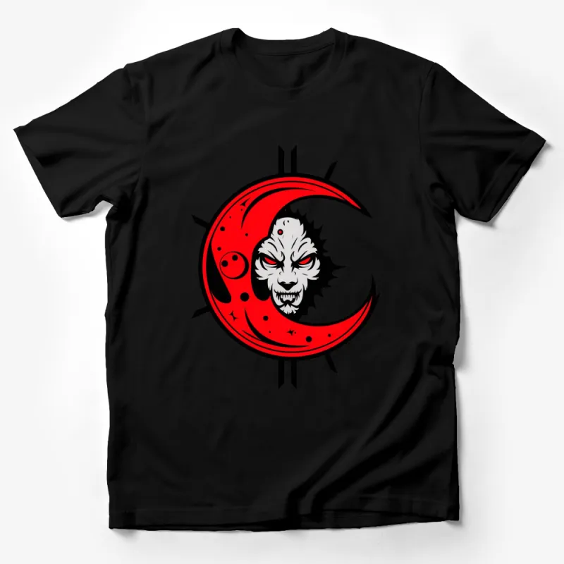 Men's Gothic Moon and Vampire Face T-Shirt, Red and Black Graphic Tee, Unique Horror Design Male T-Shirt