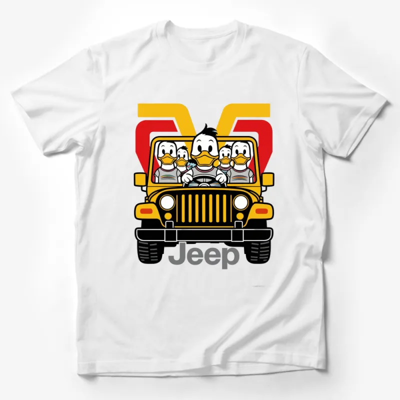 Cartoon Duck Family in Yellow Jeep, Funny Animal Car Ride T-Shirt, Unique Graphic Tee for All Ages Male T-Shirt