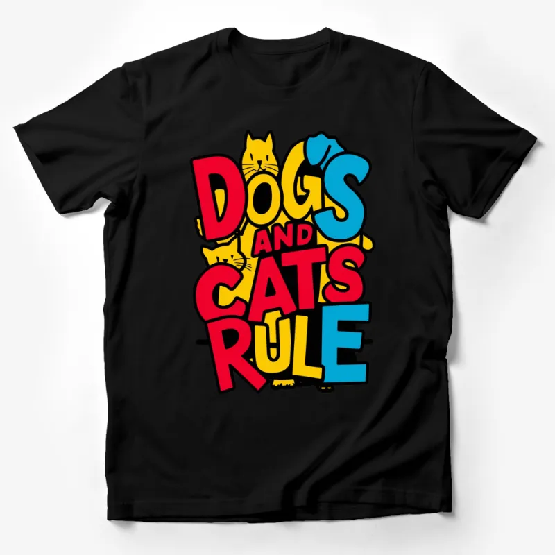 Colorful Dogs and Cats Rule Graphic T-Shirt, Fun Pet Lovers Tee, Unisex Casual T-Shirt for Cat and Dog Owners Male T-Shirt