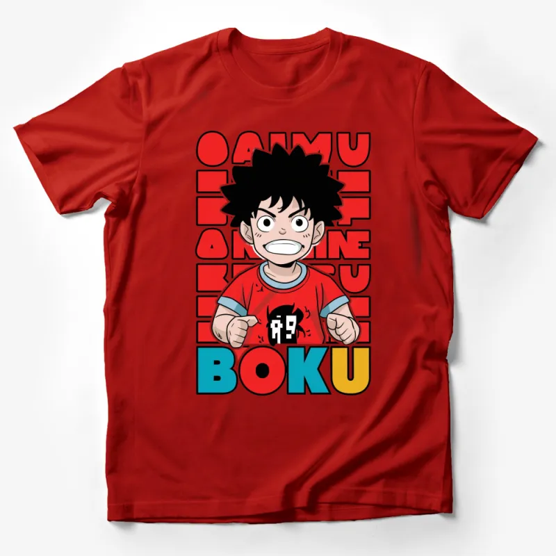 Anime Inspired T-Shirt, Bold Red Graphic, Youthful Hero Design, Fashionable Manga Tee Male T-Shirt