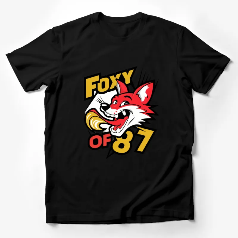 Vintage Foxy OF 87 Cartoon Style T-Shirt, Retro Red and Yellow Fox Graphic Tee, Unisex Clothing Male T-Shirt