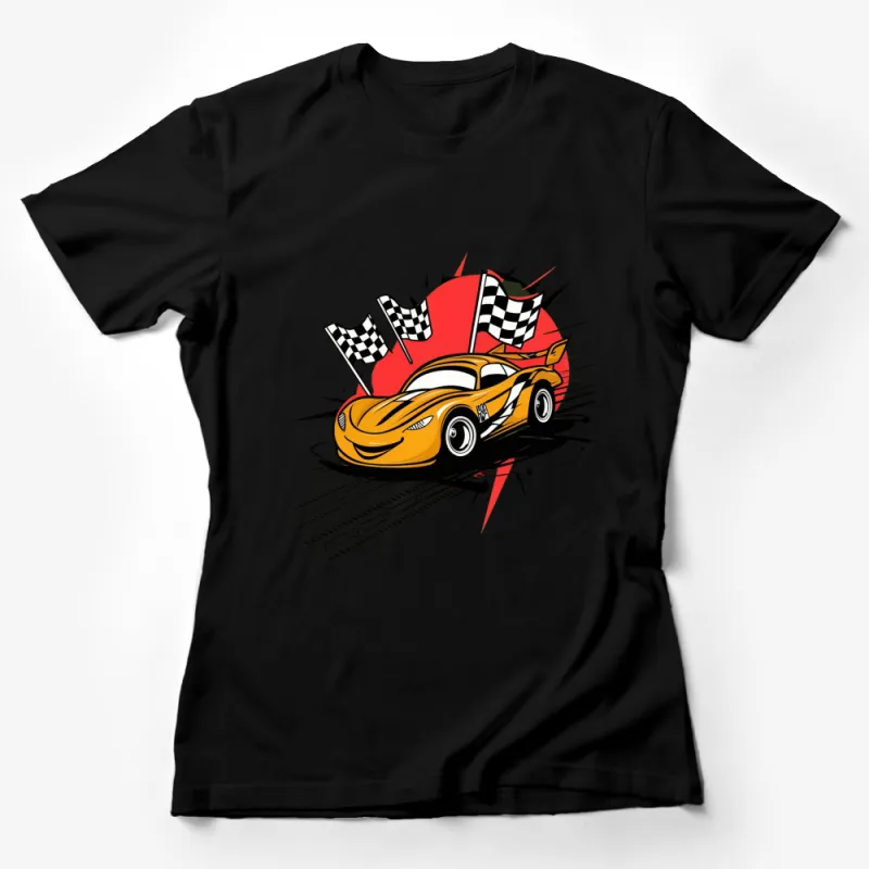 Vibrant Racing Car T-Shirt, Checkered Flags Graphic Tee, Speed Lovers, Unisex Female T-Shirt