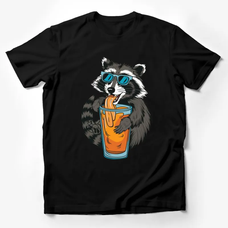 Cool Raccoon Drinking Juice Graphic T-Shirt, Funny Animal Tee, Hipster Raccoon with Sunglasses Male T-Shirt