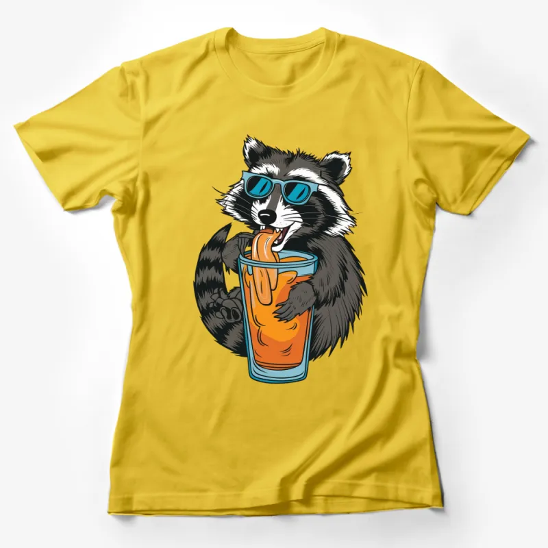 Cool Raccoon Drinking Juice Graphic T-Shirt, Funny Animal Tee, Hipster Raccoon with Sunglasses Female T-Shirt