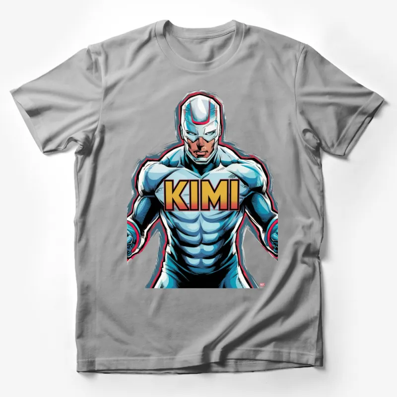 Superhero Kimi Graphic T-Shirt, Bold Comic Style, Unique Blue Costume Design, Trendy Fan Apparel Male T-Shirt