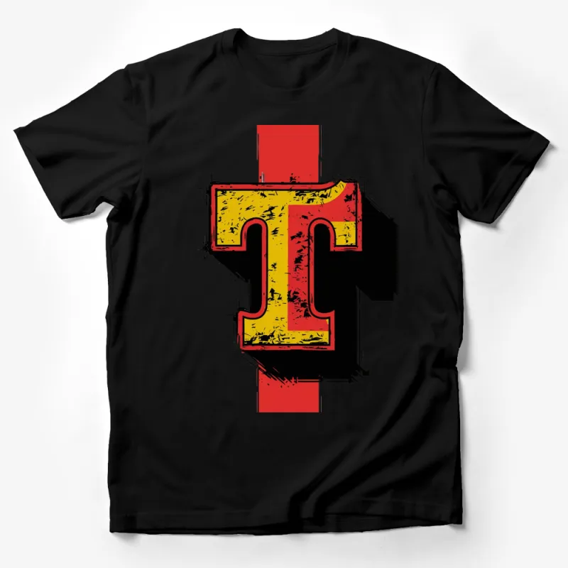 Vintage Red and Black T-Shirt with Distressed Yellow Letter T Graphic Male T-Shirt