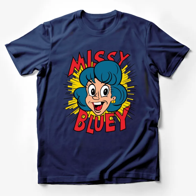 Missy Bluey Cartoon Character T-Shirt, Bold Comic Style Design, Retro Fashion Tee Male T-Shirt