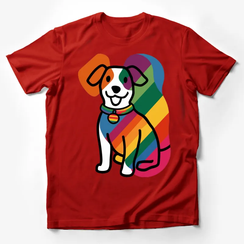 Colorful Rainbow Striped Dog T-Shirt, Cute Puppy Graphic Tee, Vibrant Casual Wear Male T-Shirt