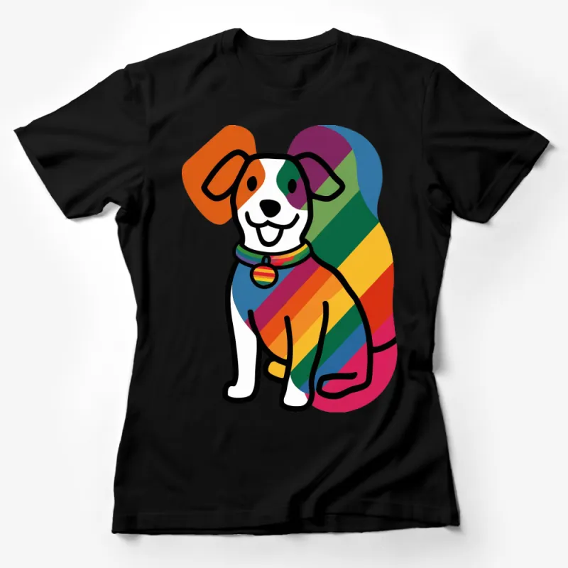 Colorful Rainbow Striped Dog T-Shirt, Cute Puppy Graphic Tee, Vibrant Casual Wear Female T-Shirt