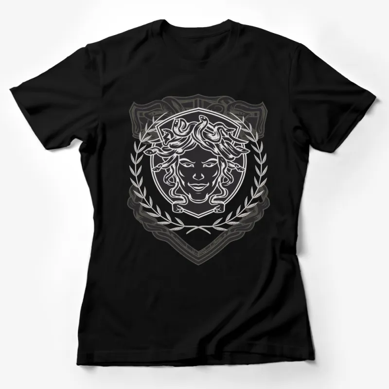 Medusa Shield Graphic T-Shirt, Mythology Inspired, Unique Gorgon Design, Unisex Apparel Female T-Shirt