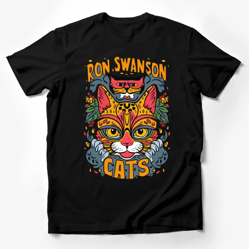 Ron Swanson Cats T-Shirt, Colorful Cat Face Graphic Tee, Unisex Pop Culture Apparel Male T-Shirt