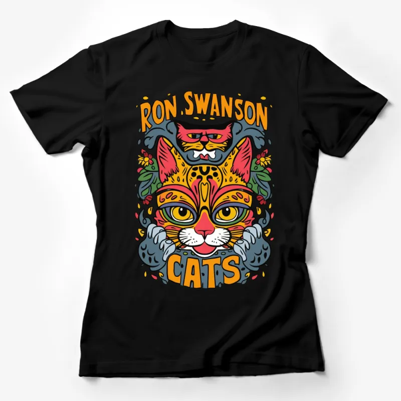 Ron Swanson Cats T-Shirt, Colorful Cat Face Graphic Tee, Unisex Pop Culture Apparel Female T-Shirt