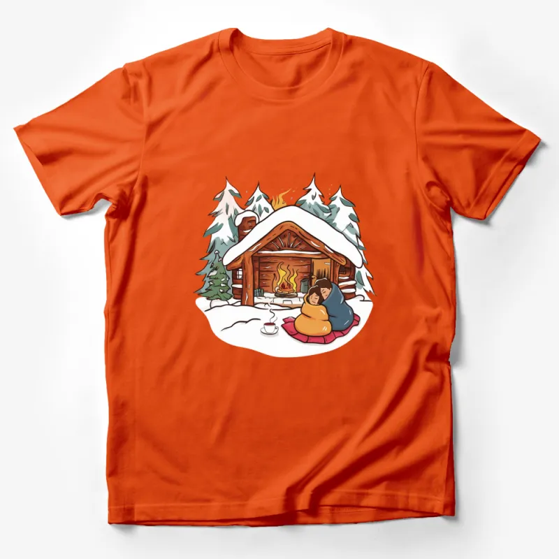 Cozy Winter Cabin T-Shirt, Couple Hugging Outside Snowy Retreat, Illustrated Warm Scenic Tee Male T-Shirt