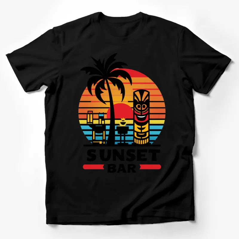 Tropical Sunset Bar T-Shirt, Vibrant Retro Tiki and Palm Tree Graphic, Colorful Summer Beach Tee Male T-Shirt