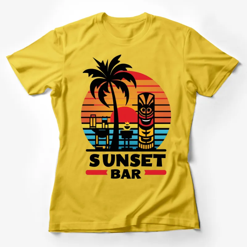 Tropical Sunset Bar T-Shirt, Vibrant Retro Tiki and Palm Tree Graphic, Colorful Summer Beach Tee Female T-Shirt